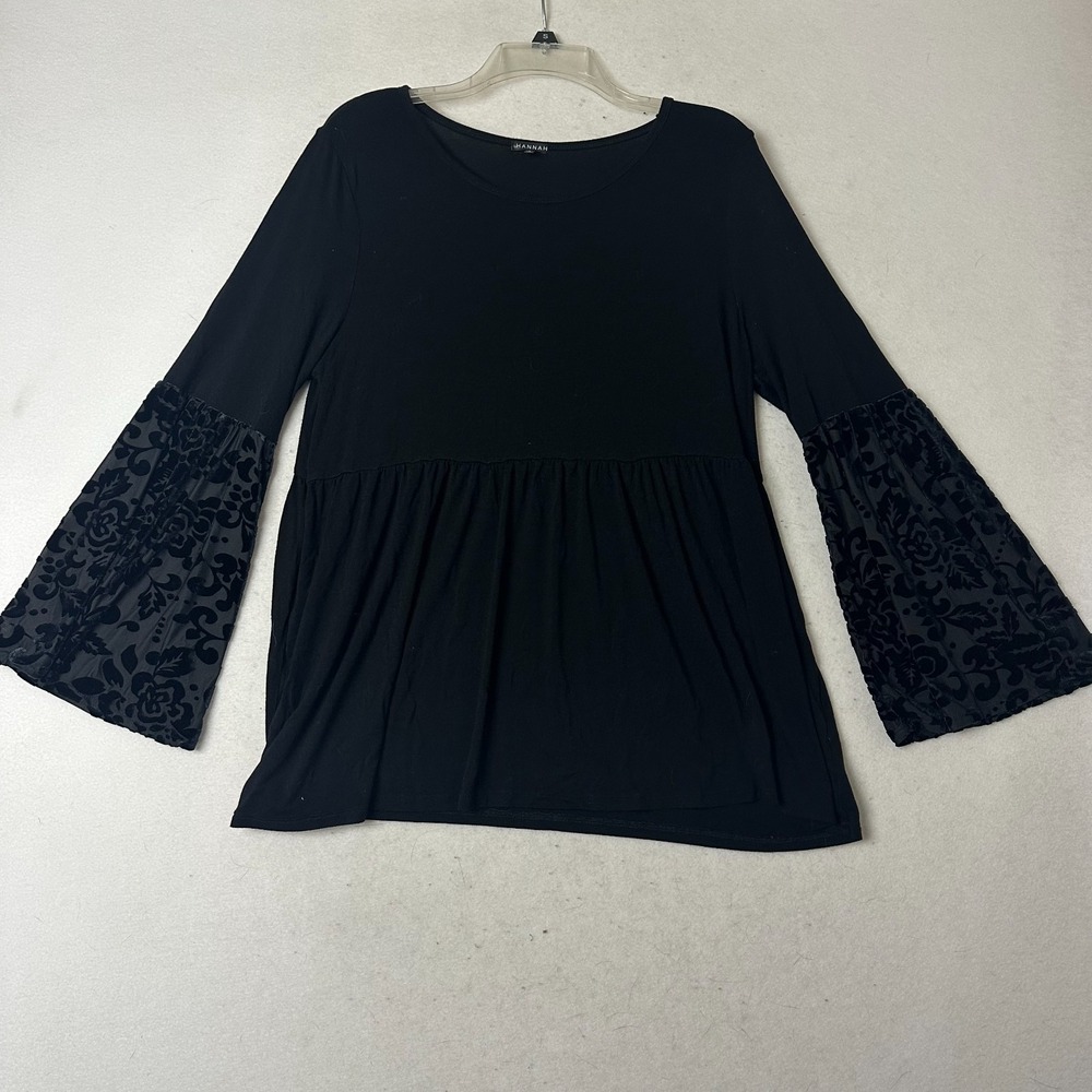 Hannah Womens Black Babydoll Top Burnout Velvet Floral Bell Sleeve Blouse Large